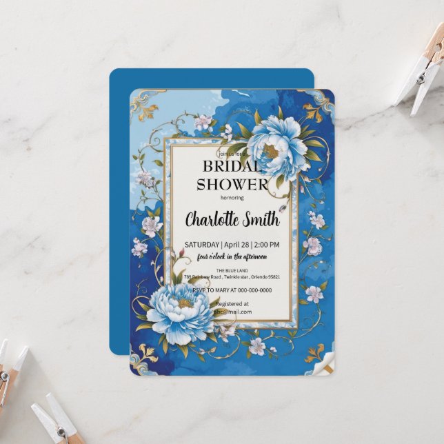 Blue Modern Rose antique bridal shower Invitation (Front/Back In Situ)