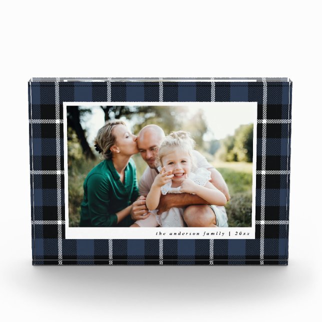 Blue modern rustic tartan check family photo block (Front)