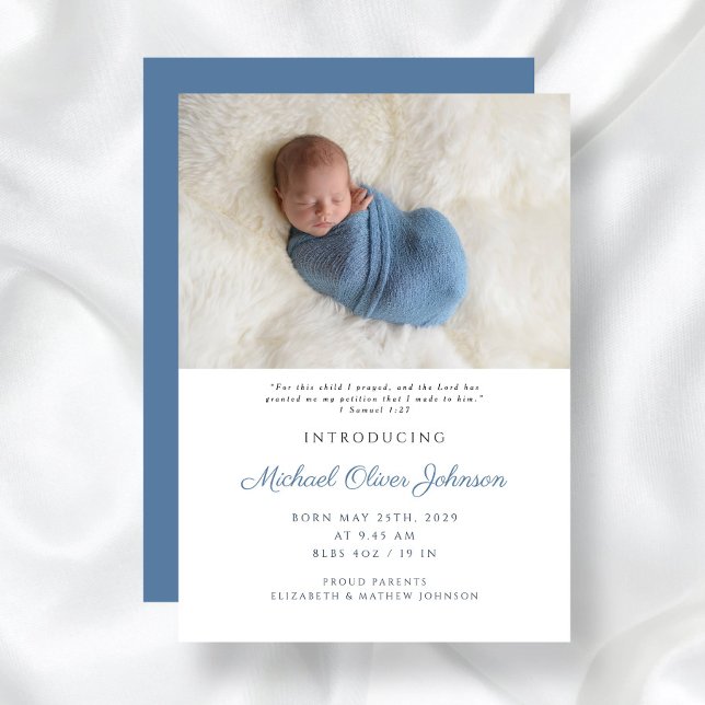 Blue Modern Script Baby Boy Birth Photo Announcement (Blue Modern Script Baby Boy Birth Photo Announcement)