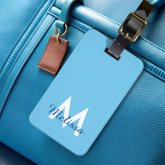 Blue Modern Script Girly Monogram Name Luggage Tag