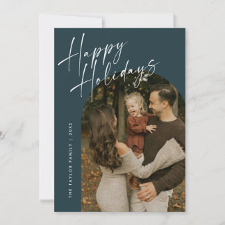 Blue Modern Script Happy Holidays Arch 2 Photo Holiday Card