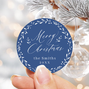 Blue Modern script Merry Christmas Holiday Gift Classic Round Sticker