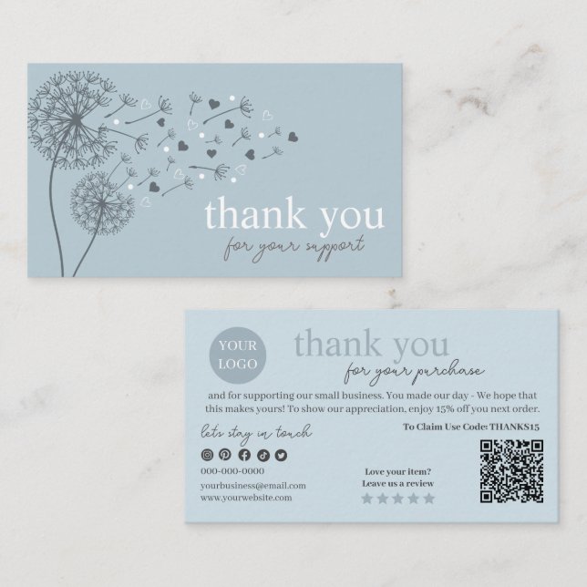 Blue Modern Script QR Code, Thank You Candle Business Card (Front/Back)