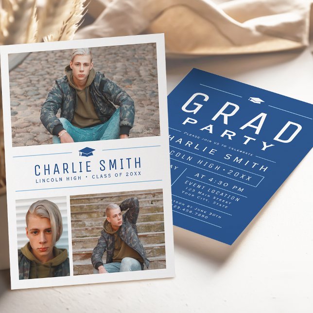 Blue Modern Simple Typography 3 Photo Graduation Invitation (Blue Modern Simple Typography 3 Photo Graduation Invitation)