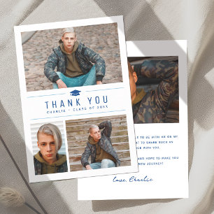Blue Modern Simple Typography 4 Photo Graduation Thank You Card