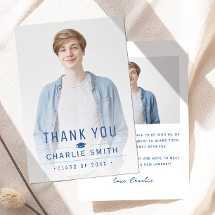 Blue Modern Simple Typography Photo Graduation Thank You Card