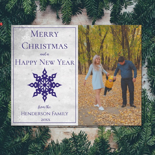 Blue Modern Snowflake Photo Holiday Card (Blue Modern Snowflake Photo Holiday Card)