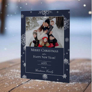 Blue Modern Snowflakes Flat Holiday Photo Card