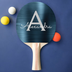 Blue Modern Sports Metallic Foil Monogram Ping Pong Paddle