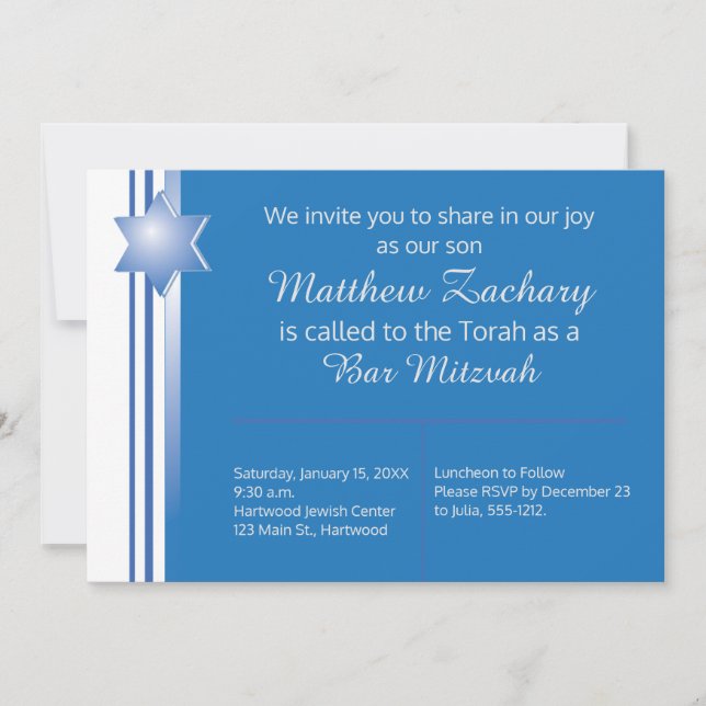 Blue Modern Star Bar Mitzvah Invitation (Front)