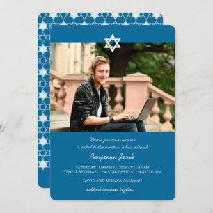 Blue Modern Stars Of David Bar Mitzvah Photo Invitation