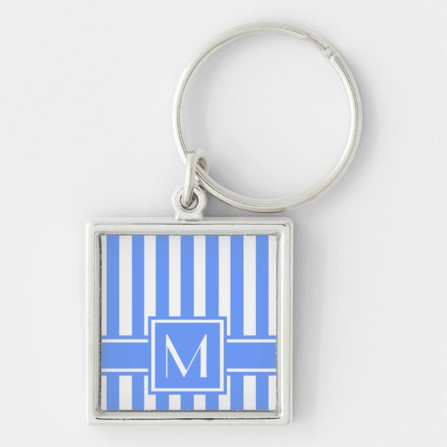 Blue Modern Stripe with Monogram Key Ring (Front)