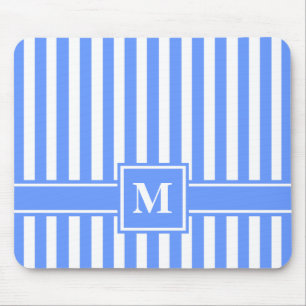 Blue Modern Stripe with Monogram Mouse Pad