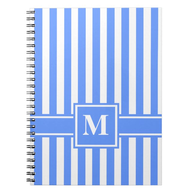 Blue Modern Stripe with Monogram Spiral Notebook (Front)