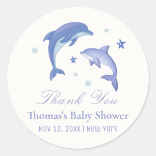 Blue Modern Summer Dolphin Stars Baby Shower  Classic Round Sticker