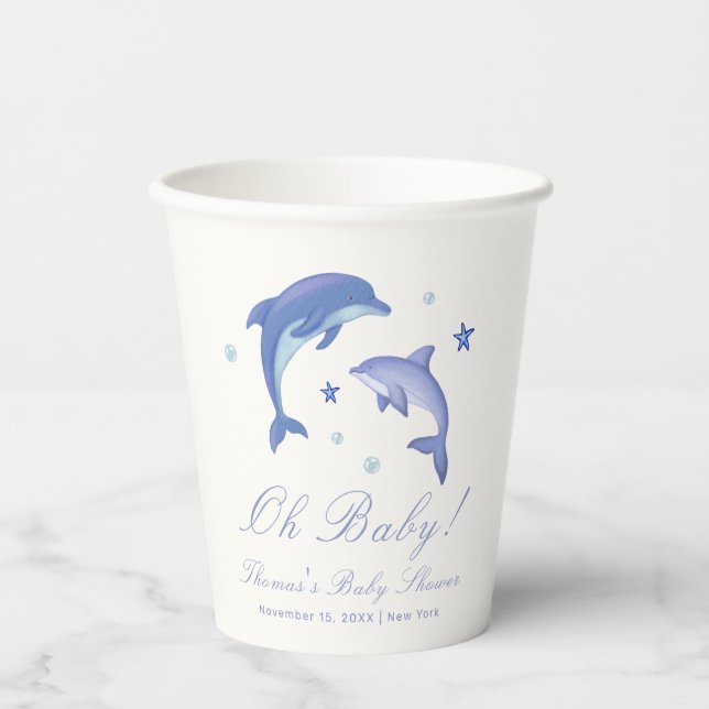Blue Modern Summer Dolphin Stars Baby Shower  Paper Cups (Front)