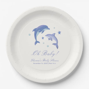 Blue Modern Summer Dolphin Stars Baby Shower  Paper Plate