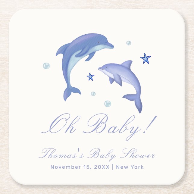 Blue Modern Summer Dolphin Stars Baby Shower  Square Paper Coaster (Front)