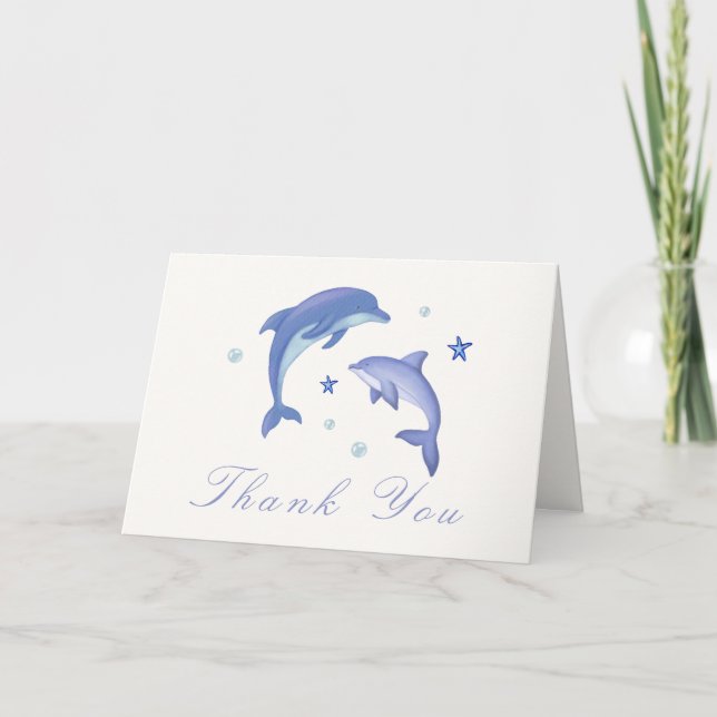 Blue Modern Summer Dolphin Stars Baby Shower  Thank You Card (Front)