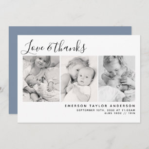 Blue Modern Three Photos New Baby Thank You Card