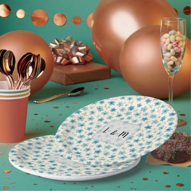 Blue Modern tiny flowers  Paper Plate (Multi)