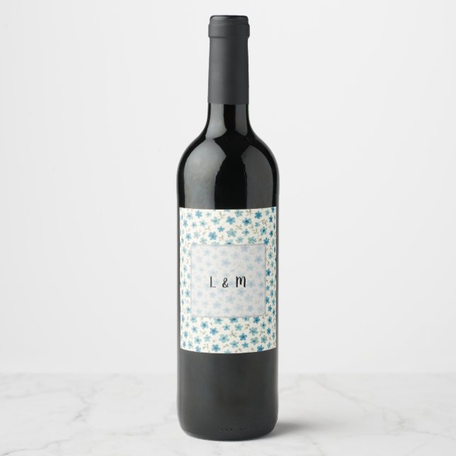 Blue Modern tiny flowers  Wine Label (Front)