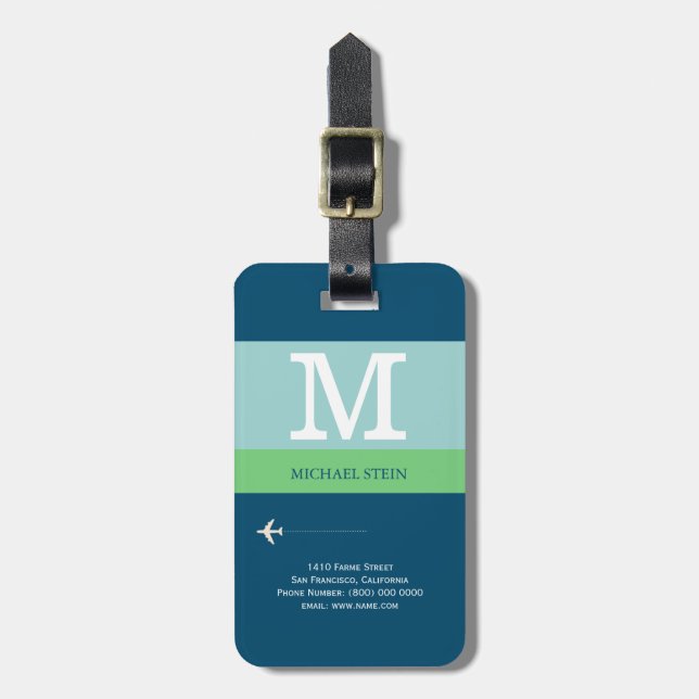 blue modern travel monogram luggage tag (Front Vertical)