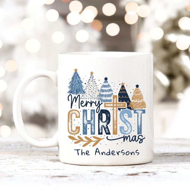 Blue Modern Trees Christ Merry Christmas Name Coffee Mug (Blue Modern Trees Christ Merry Christmas Name Coffee Mug)