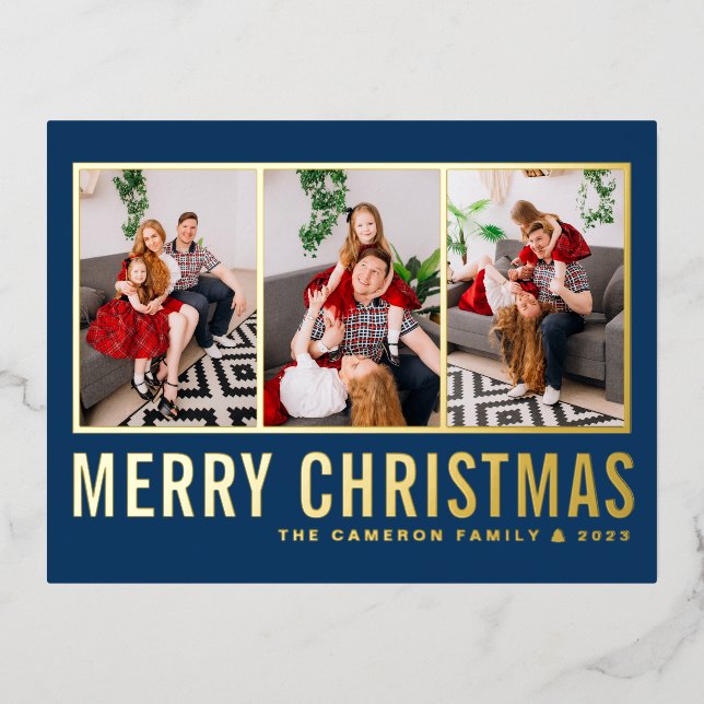 Blue Modern Typography Photo Collage Christmas Foil Holiday Postcard (Front)