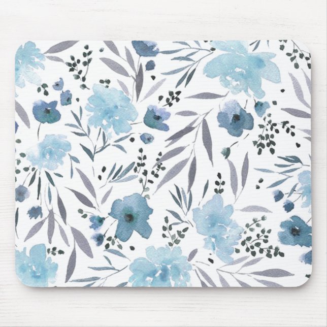 blue modern watercolor flowers mouse pad (Front)