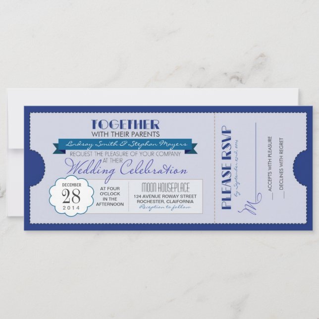 blue modern wedding ticket invitation (Front)