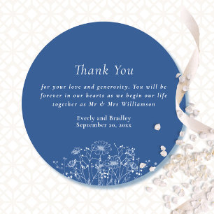 Blue Modern White Wildflower Wedding Thank You Classic Round Sticker