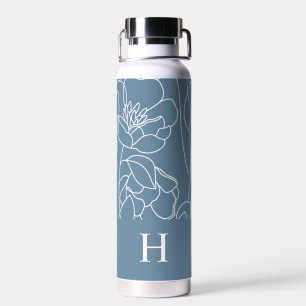 Blue Modern Wildflower Monogram Name Water Bottle