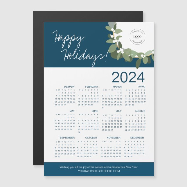 Blue Modern Wreath Your Logo here 2024 Calendar (Front/Back)