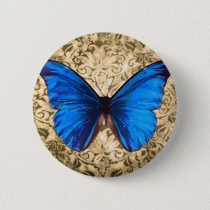 Blue Monarch butterfly damask Vintage art 6 Cm Round Badge