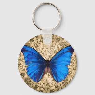 Blue Monarch butterfly damask Vintage art Key Ring