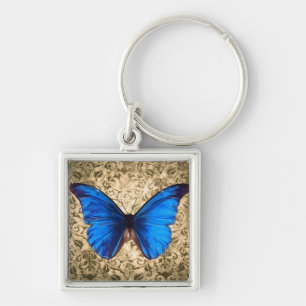 Blue Monarch butterfly damask Vintage art Key Ring