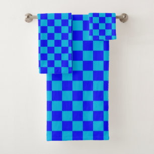 Blue Monochrome Chequerboard Pattern Bath Towel Set