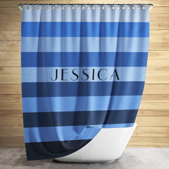 Blue Monochrome Striped Pattern Personalised Name Shower Curtain (Blue Monochrome Striped Pattern Personalized Name Shower Curtain)