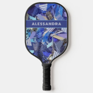 Blue monogram abstract pattern purple white stripe pickleball paddle