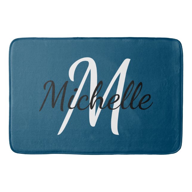 Blue Monogram Add Your Name Simple Modern Trendy Bath Mat (Front)