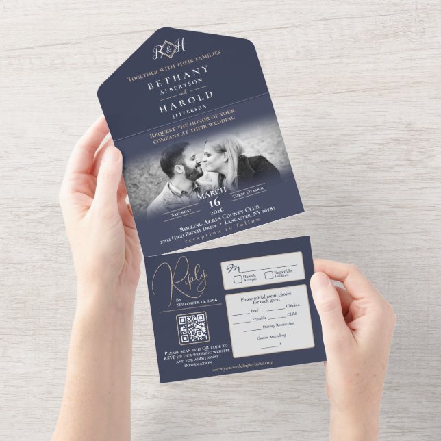 Blue Monogram All in One Wedding Invite (Tearaway)