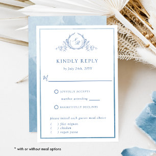 Blue Monogram and Watercolor Elegant Wedding RSVP Card