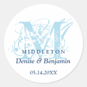 Blue monogram antique chic label wedding favour