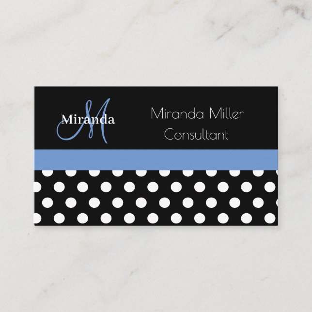 Blue Monogram Black White Polka Dot Business Card (Front)
