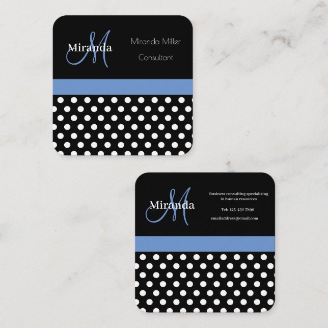 Blue Monogram Black White Polka Dot Square Business Card (Front/Back)