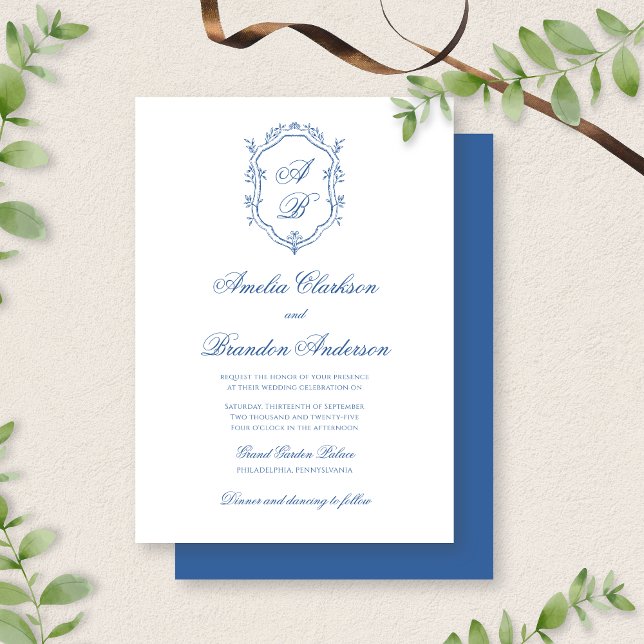 Blue Monogram Crest & Formal Script Wedding Invitation (Creator Uploaded)