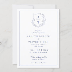 Blue Monogram Crest Wedding Invitation