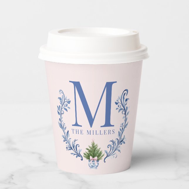 Blue Monogram Crest with Christmas Tree  Paper Cups (Front)