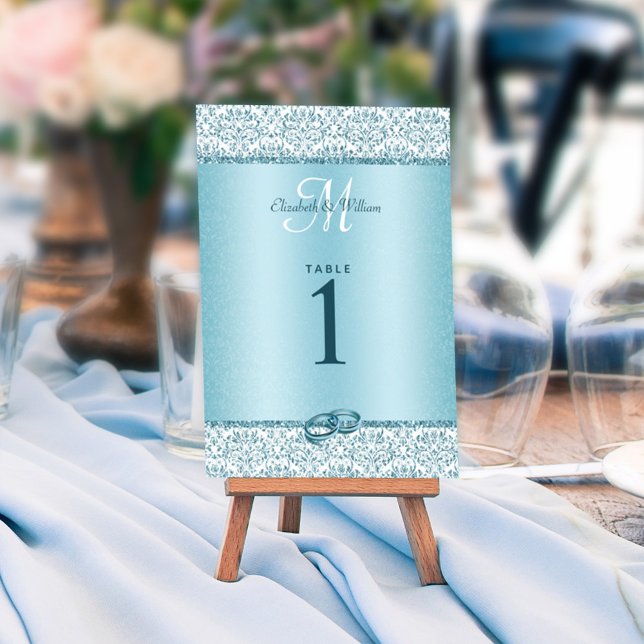Blue Monogram Damask Glitter Wedding  Table Number (Creator Uploaded)